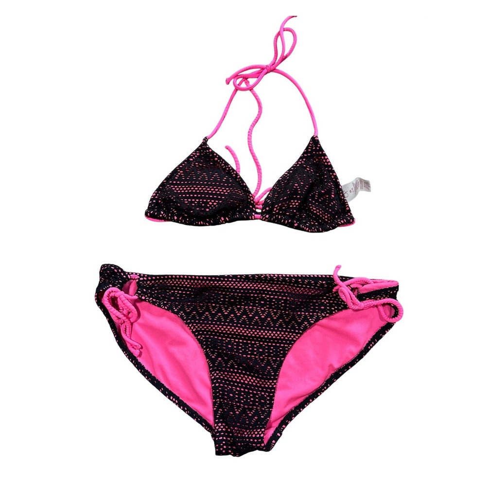 Y2K OP Neon Hot Pink Black Crochet Bikini Set Boho Beach 2000s Aztec M/L